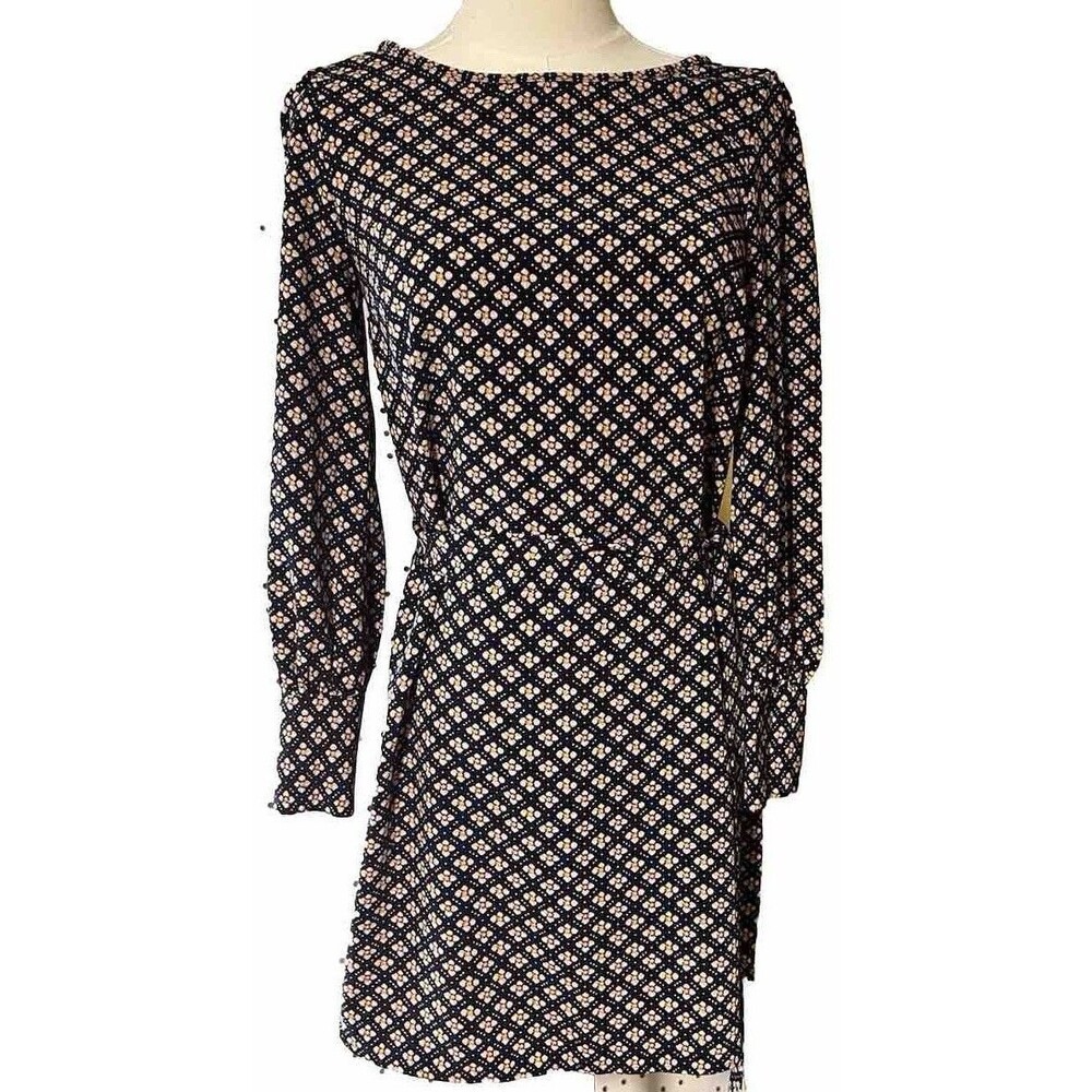 Loft Petites Mosaic Shift Dress LS Tie Belt XXSP Black Pink Yellow  Office